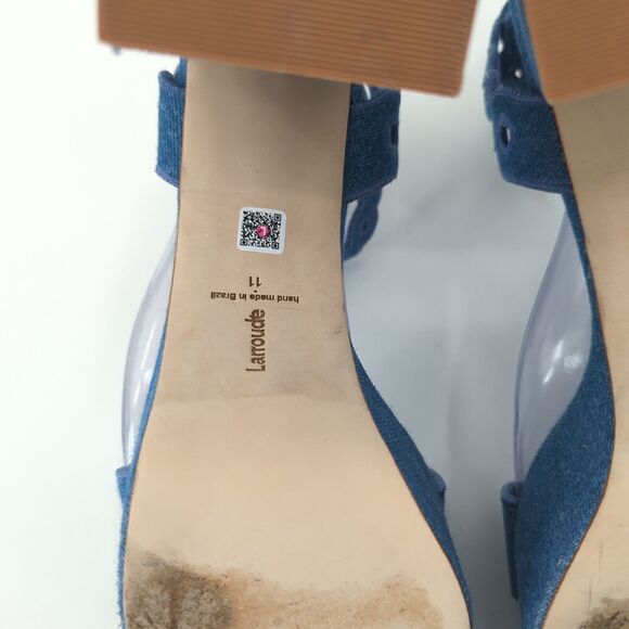 Larroude Women 11 Dolly Broderie Sandal Blue Stoned Denim Platform Ankle Strap - Picture 9 of 11